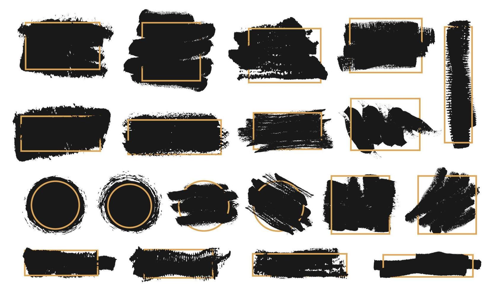 Grunge brush frames. Black paint stroke with golden border, ink brush texture frame. Abstract textured background for text vector set