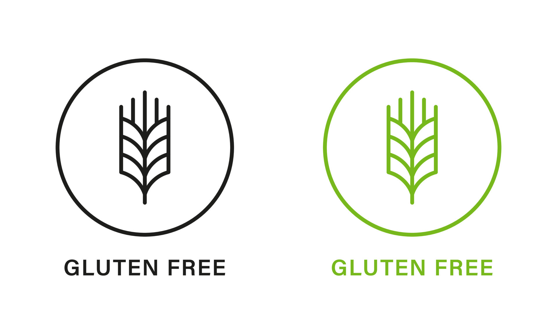 Gluten Free Sign. Allergic on Wheat Black and Green Icon Set. No Gluten