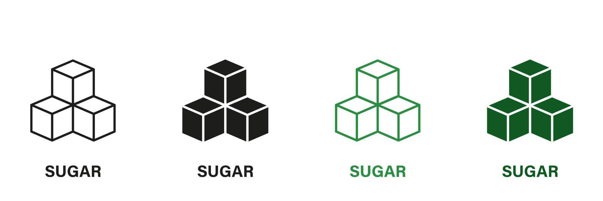 Sugar Cubes Line and Silhouette Icon Set. Low Glucose Green and Black Pictogram. Healthy Sweet Vegan Product Symbol Collection on White Background. Isolated Vector Illustration.