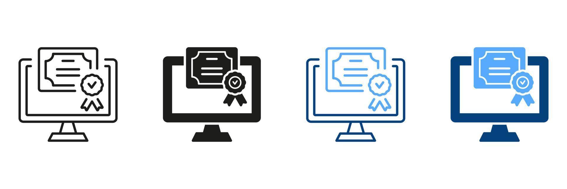 Online Diploma Silhouette and Line Icon Set. Digital Online and Distance Education Symbol. Certificate with License Badge Color Sign. Award, Grant, Distance Diploma. Isolated Vector Illustration.