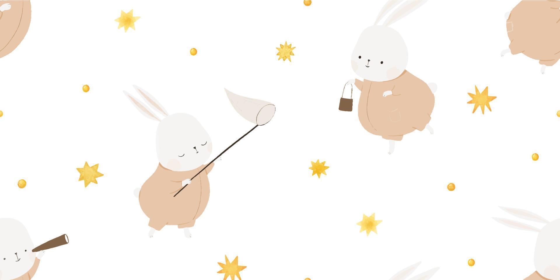 linda conejo, gracioso conejito, pequeño animal en cielo con dorado estrellas. infantil sin costura patrón, interminable envolver papel, guardería diseño vector