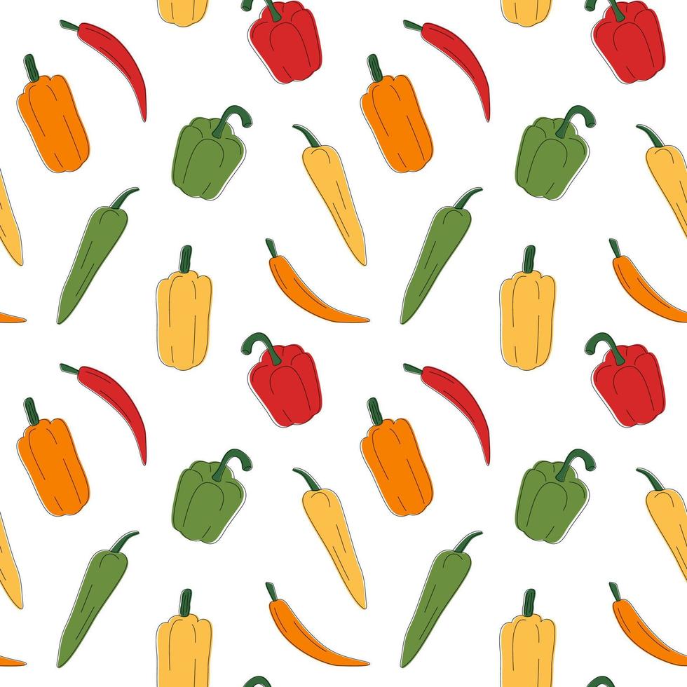 Multi-colored different peppers pattern line art. Fresh vegetables in cartoon style. Seamless pattern isolated on white background. Hand drawn doodle vector illustration.