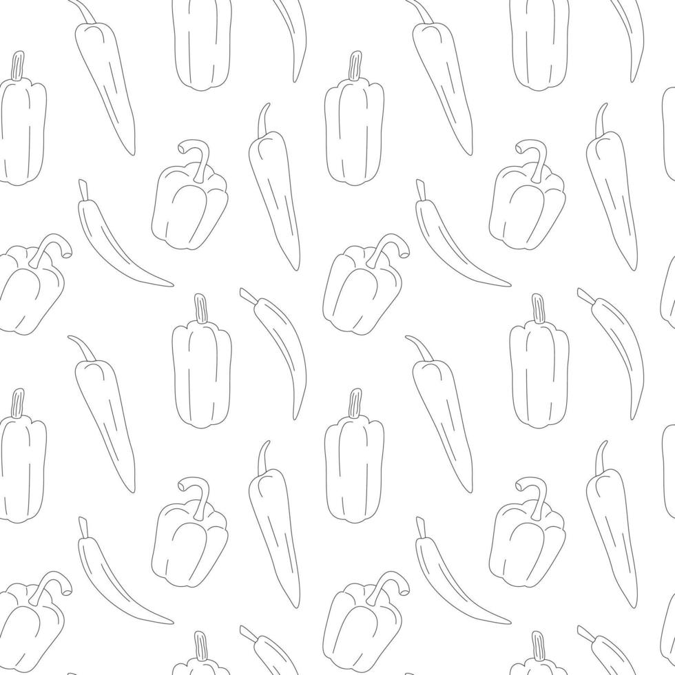 Different peppers pattern line art. Fresh vegetables in cartoon style. Seamless pattern isolated on white background. Hand drawn doodle vector illustration.
