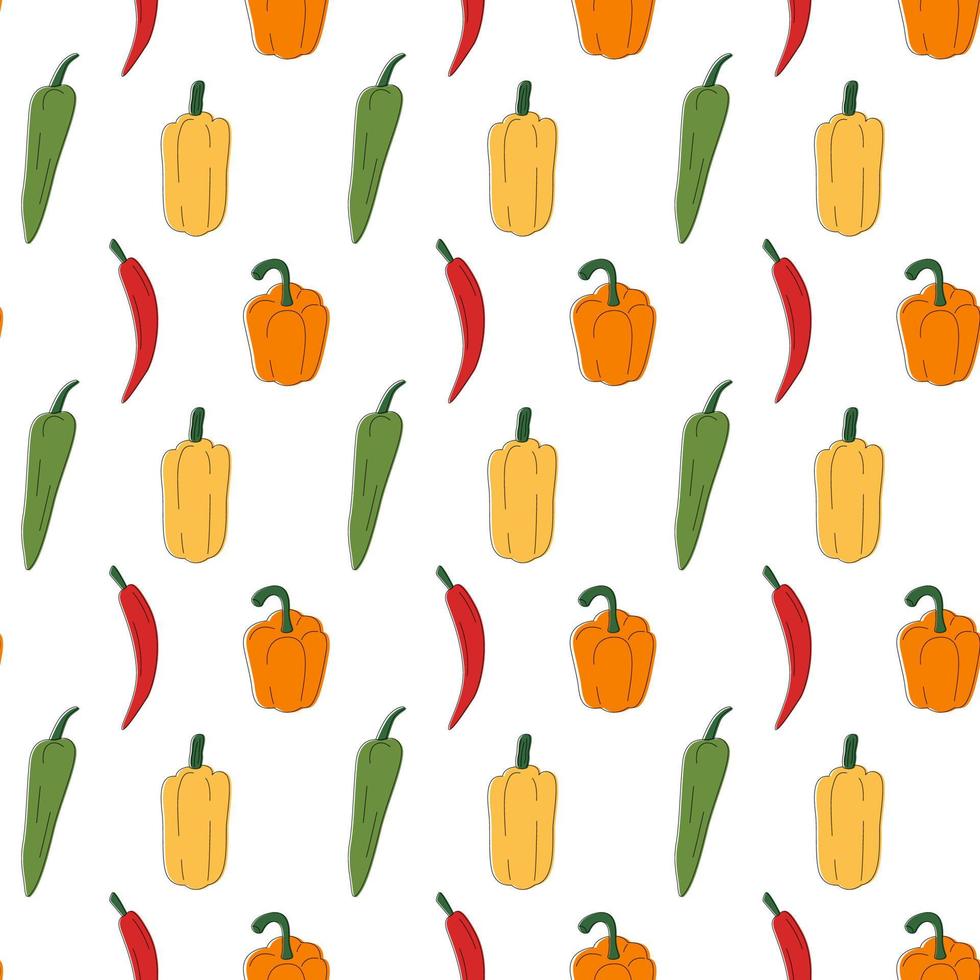 Multi-colored different peppers pattern line art. Fresh vegetables in cartoon style. Seamless pattern isolated on white background. Hand drawn doodle vector illustration.