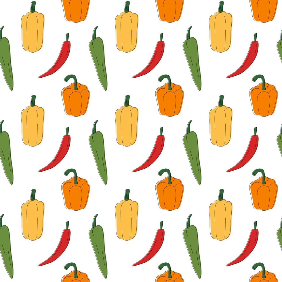 Multi-colored different peppers pattern line art. Fresh vegetables in cartoon style. Seamless pattern isolated on white background. Hand drawn doodle vector illustration.