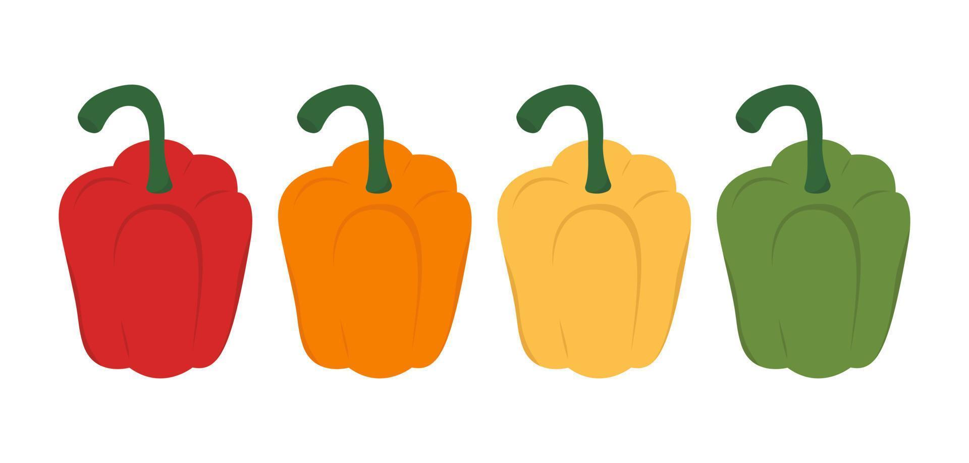 Multi-colored bell peppers flat set. Fresh vegetables in cartoon style. Pepper icons isolated on white background. Hand drawn flat vector illustration.