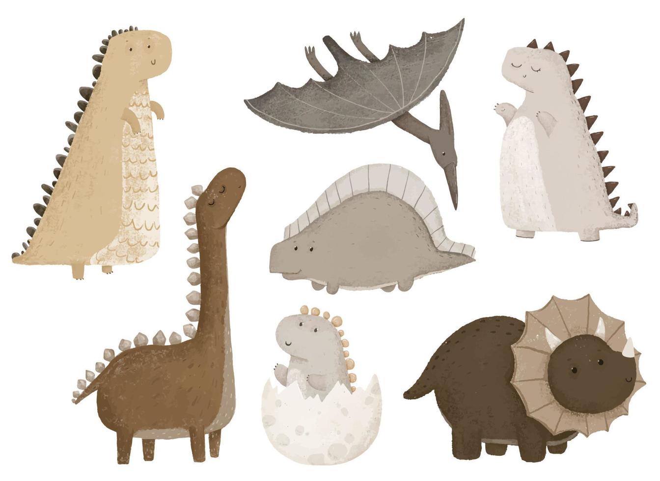 set of dino stickers, dino clipart, dinosaur in natural colours, boho design and print vector