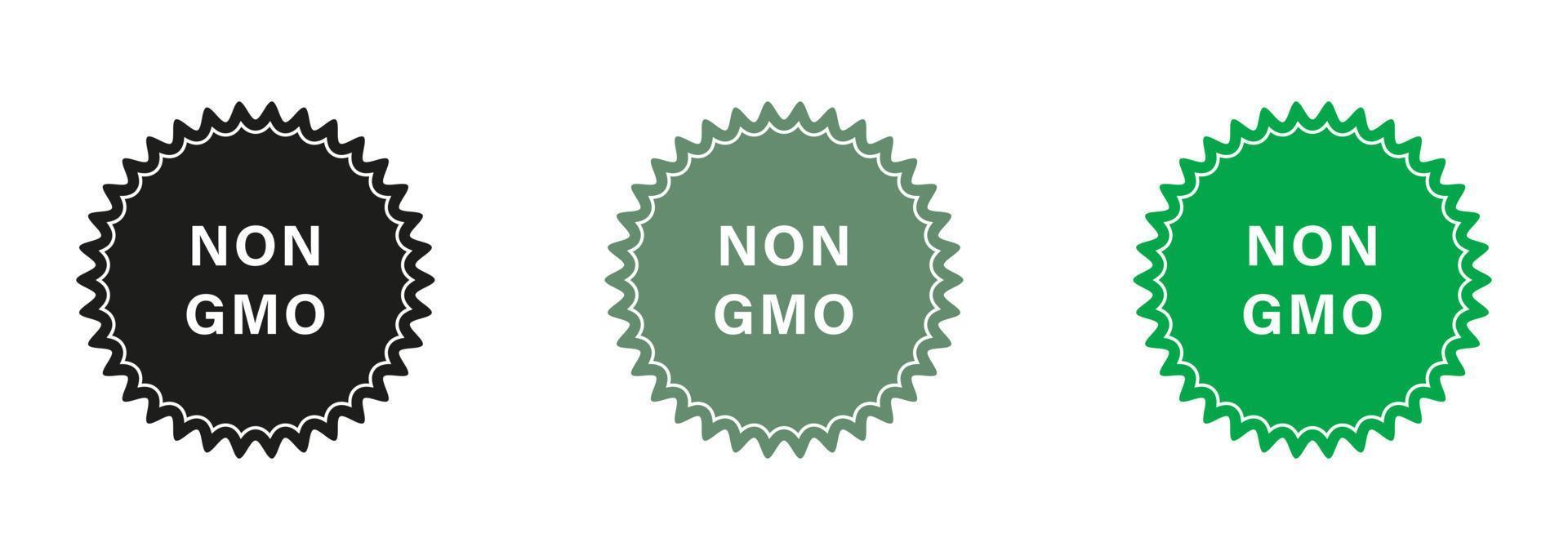 Non GMO Green and Black Stamp Set. Free Genetically Modified Product Label. Bio Eco Ingredients for Vegan Symbol. Vegetarian Healthy Food Sticker. Organic Nature Badge. Isolated Vector Illustration.