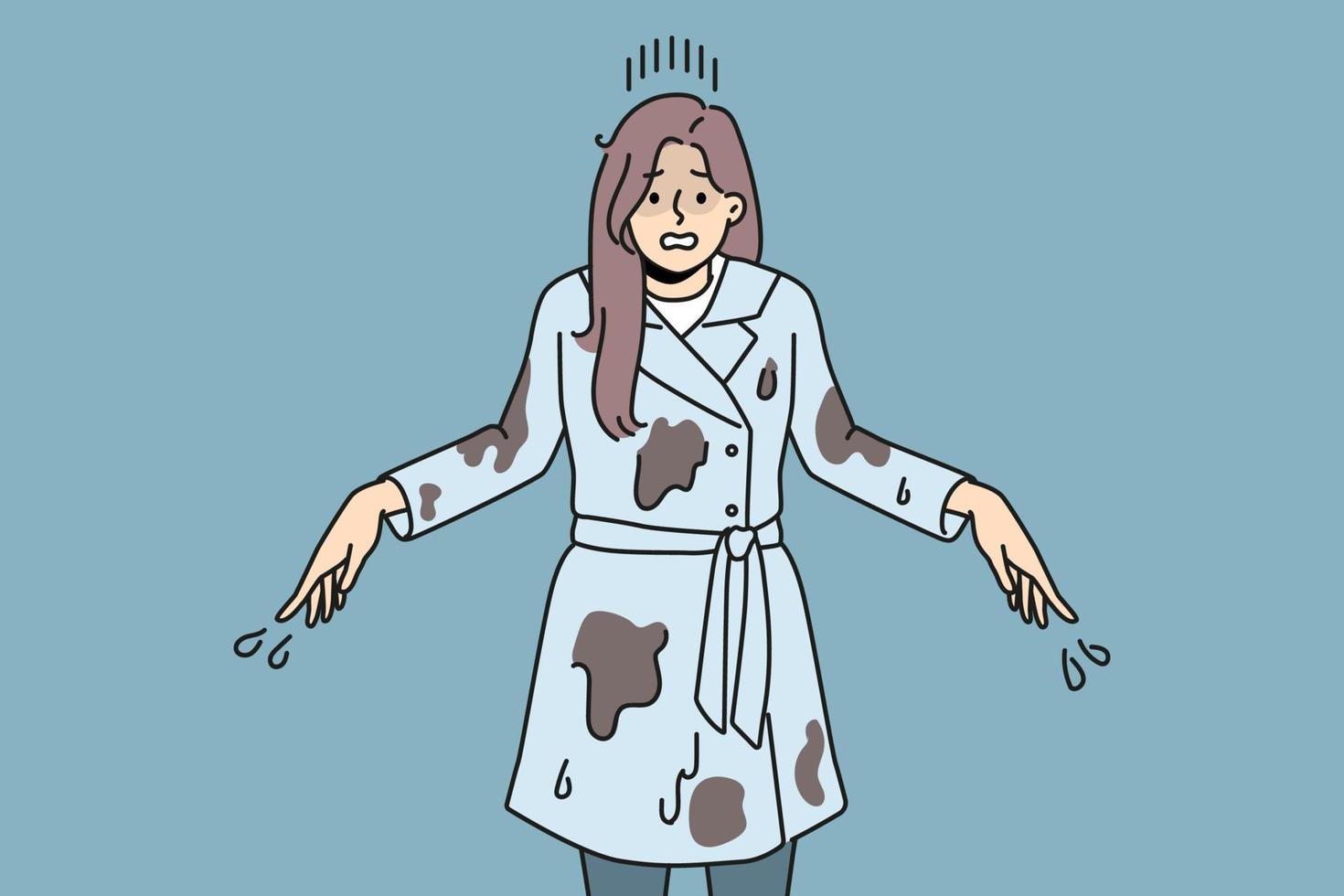 Stressed woman in dirt after fall in puddle. Unhappy distressed girl in dirty clothes suffer from falling in mud. Vector illustration.