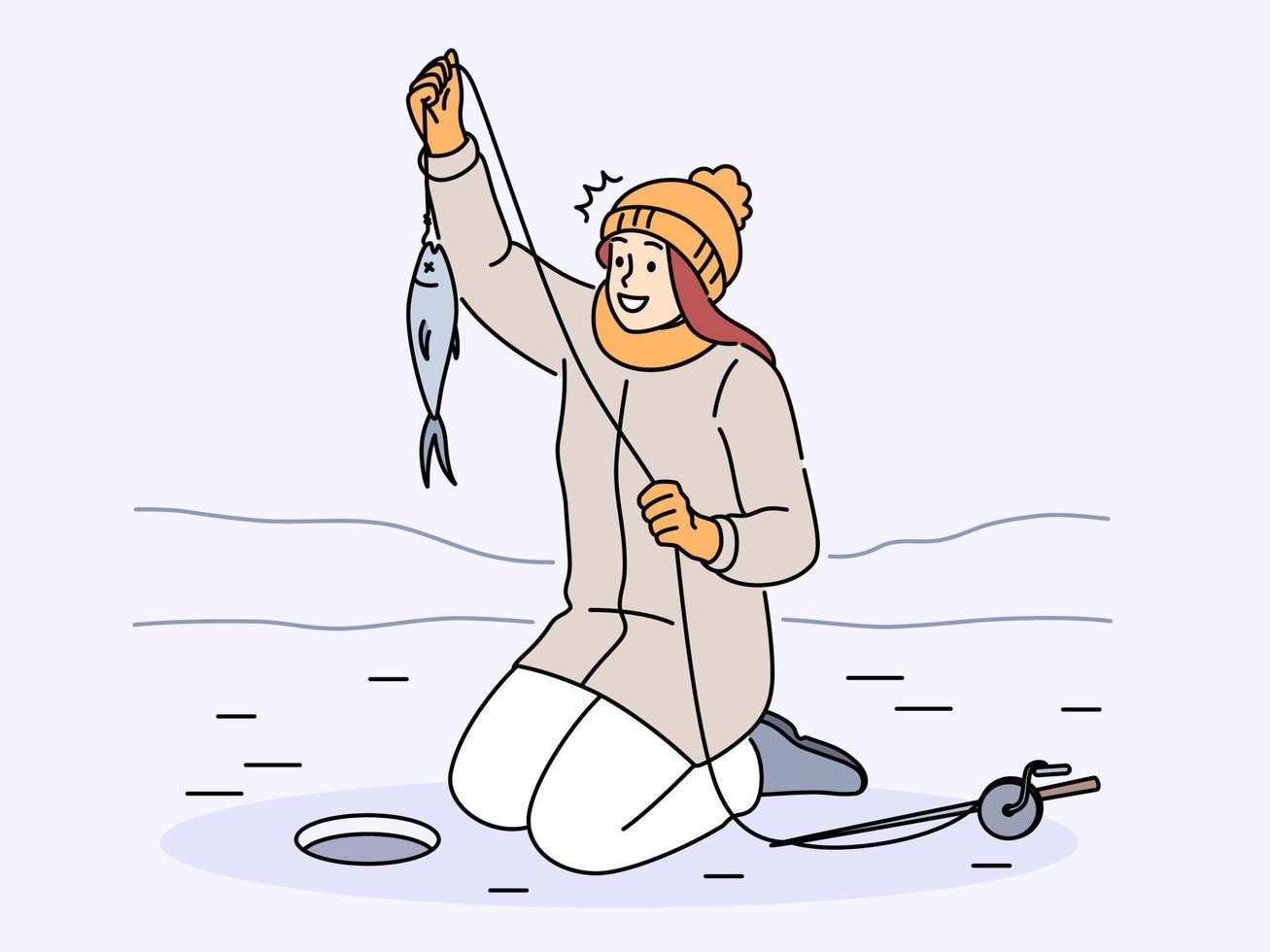 sonriente mujer captura pescado sentado en congelado lago. contento hembra pescar en invierno río. pasatiempo y fin de semana ocio actividad. vector ilustración.