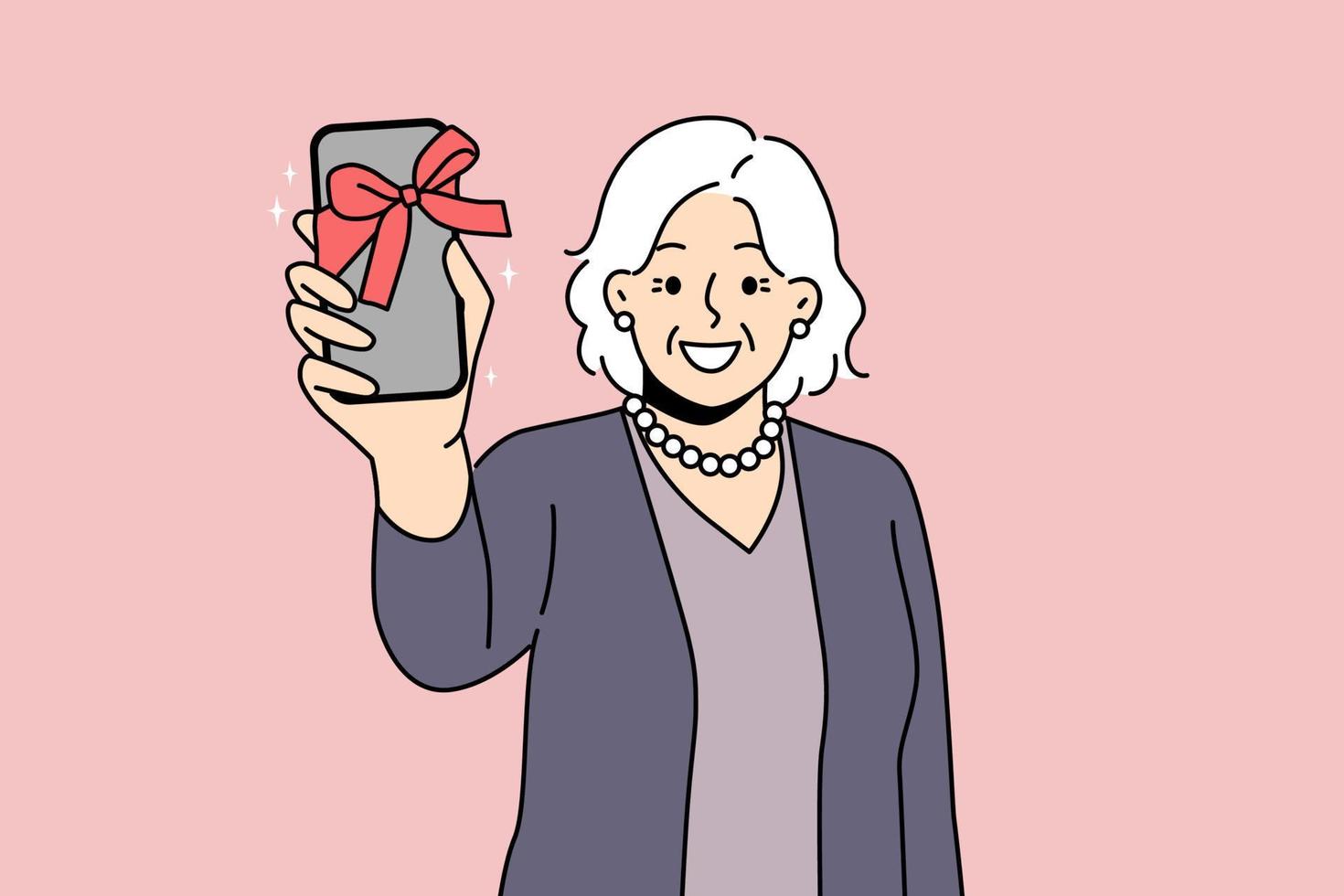 sonriente antiguo mujer espectáculo teléfono inteligente con arco como presente. contento maduro abuela emocionado con nuevo Teléfono móvil regalo. mayor y tecnología. vector ilustración.