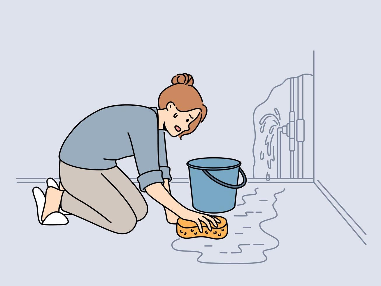 Worried woman cleaning water on floor from broken pipe. Anxious frustrated female collect water from burst pipes. Vector illustration.