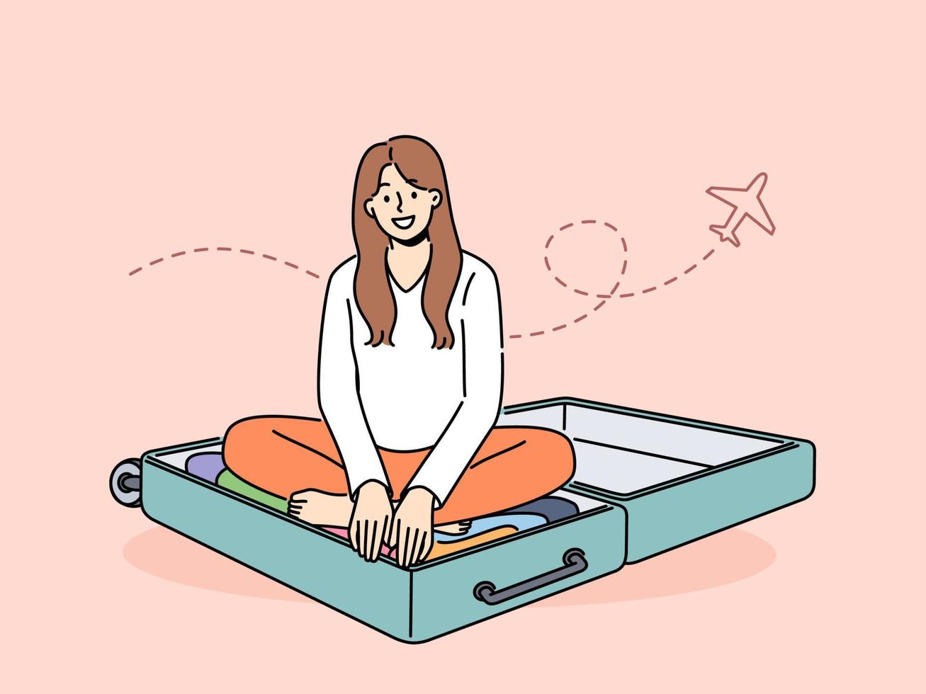 sonriente mujer sentar en maleta emocionado acerca de futuro viajar. contento niña en equipaje esperando para vacaciones o día festivo. viaje y aventuras excitación. vector ilustración.