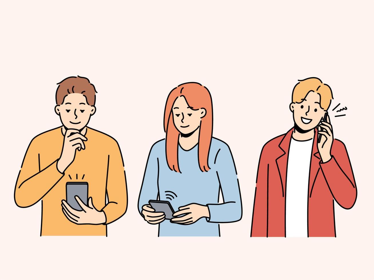 diverso personas utilizar artilugio comunicar en línea. grupo de multirracial hombres y mujer mensaje o hablar en celulares. comunicación y tecnología. vector ilustración.