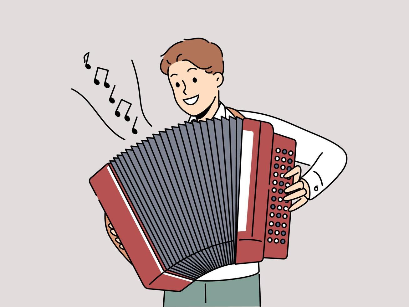 sonriente hombre jugando en acordeón. contento masculino jugar música en tradicional musical instrumento. entretenimiento y pasatiempo. vector ilustración.