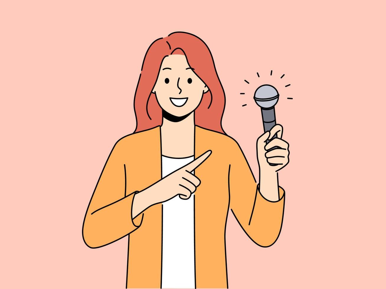 sonriente mujer punto a micrófono participación en manos. contento hembra cantante o ejecutante demostrar mic en manos. pasatiempo y entretenimiento. vector ilustración.