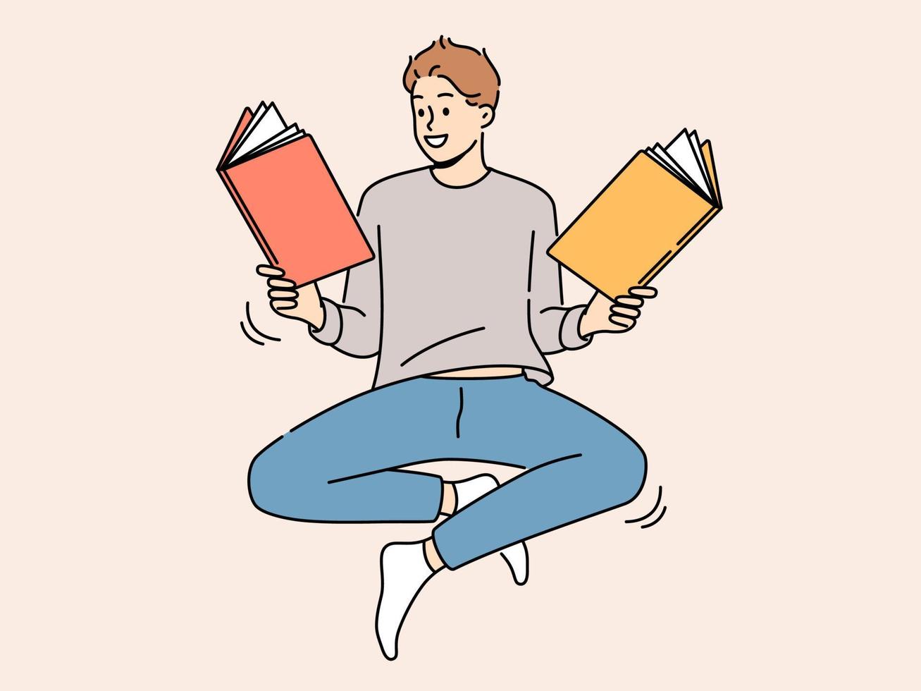 Smiling man floating in air reading books. Happy male reader enjoy literature. Bookworm and hobby concept. Vector illustration.