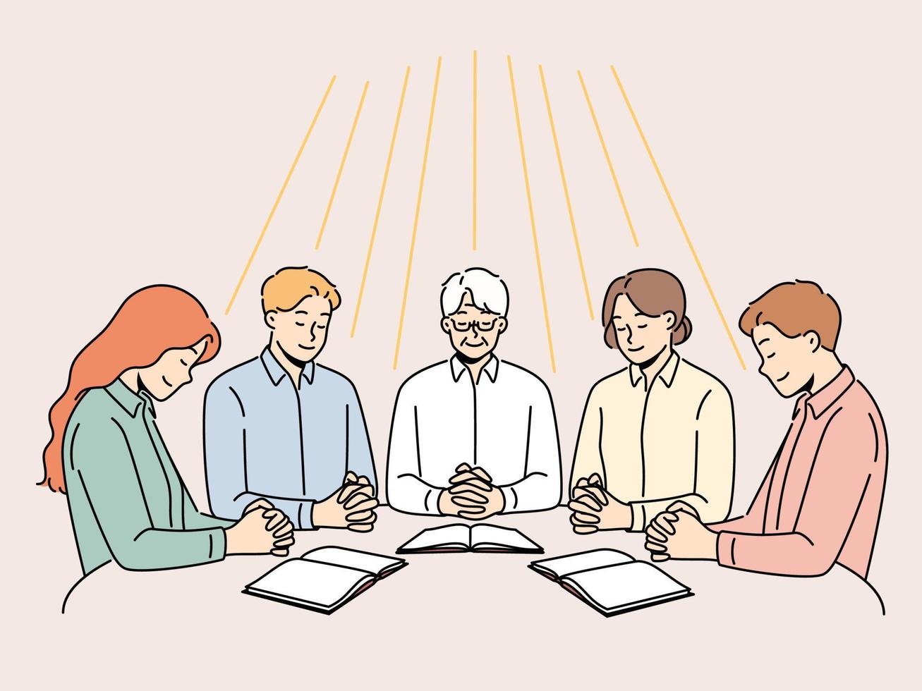 grupo de diverso personas sentar a mesa Orando juntos. hombres y mujer comprometido en oración pedir Dios para destino y fortuna. fe y religión. vector ilustración.