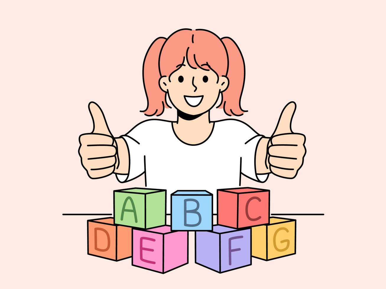 Smiling girl child play with colorful blocks with letters show thumb up. Happy kid learning with bricks recommend educational course. Vector illustration.