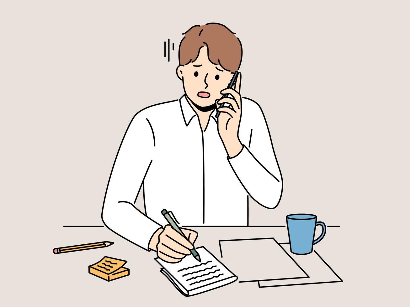 Unhappy man sit at desk talk on phone taking notes. Upset guy feel stressed with news on cellphone handwrite in notebook. Vector illustration.