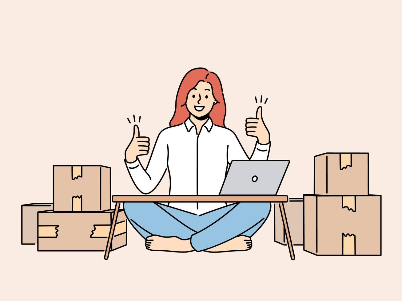 Smiling woman sit at home with computer show thumb up selling products on internet. Happy successful female entrepreneur excited with online sales. Vector illustration.