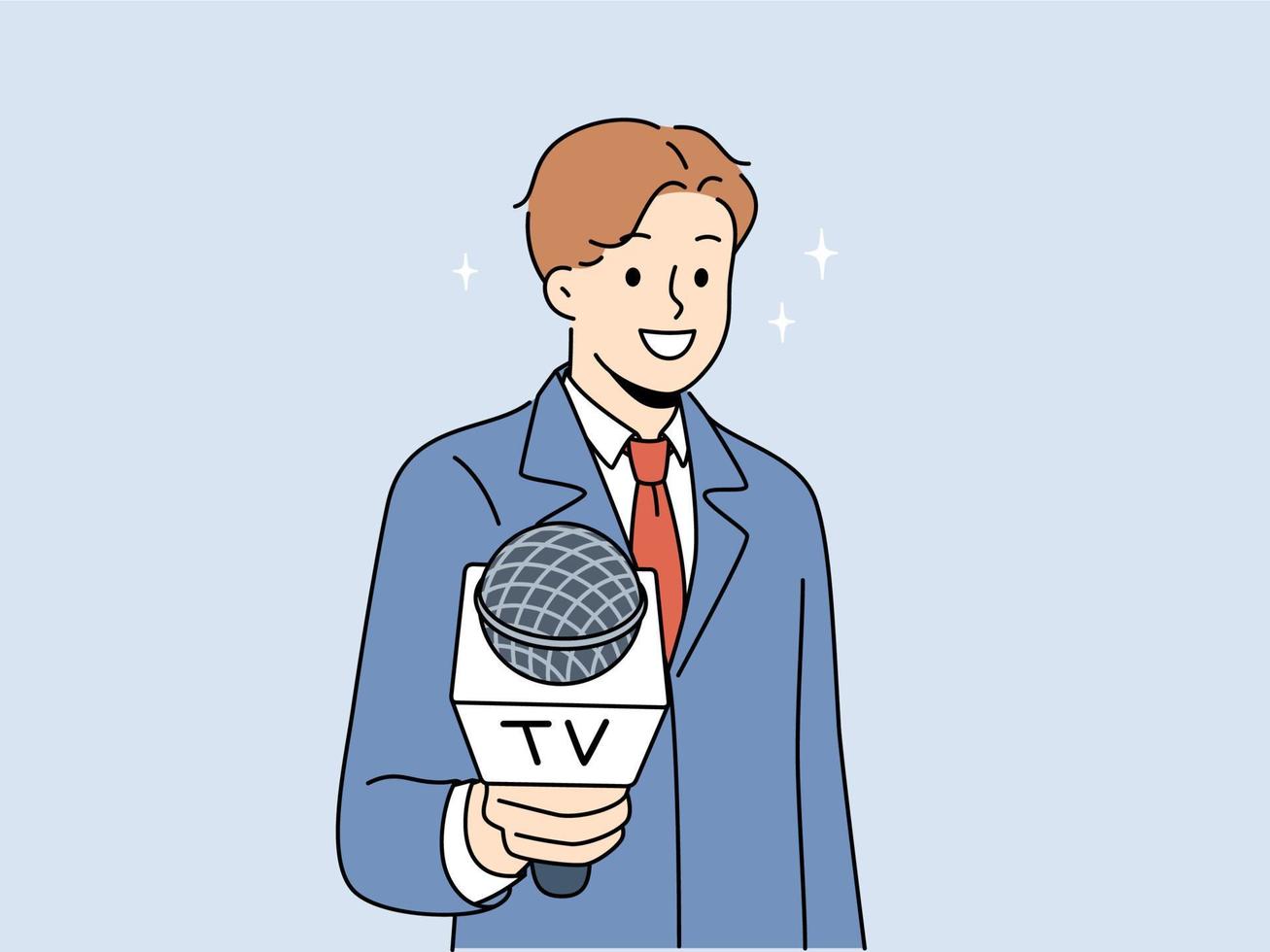 masculino periodista con micrófono en manos entrevista audiencia. hombre reportero o anfitrión tramo mic a cámara. periodismo y transmisión. vector ilustración.