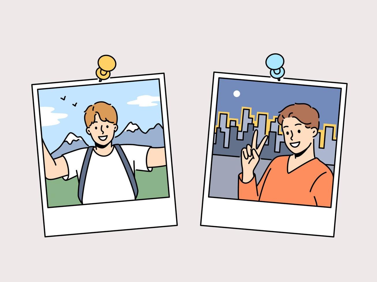 Smiling male traveler pics on board . Vector Photos of smiling man traveling around world. Happy male traveler pics attached by pin on board. Travel and tourism. Vector illustration.