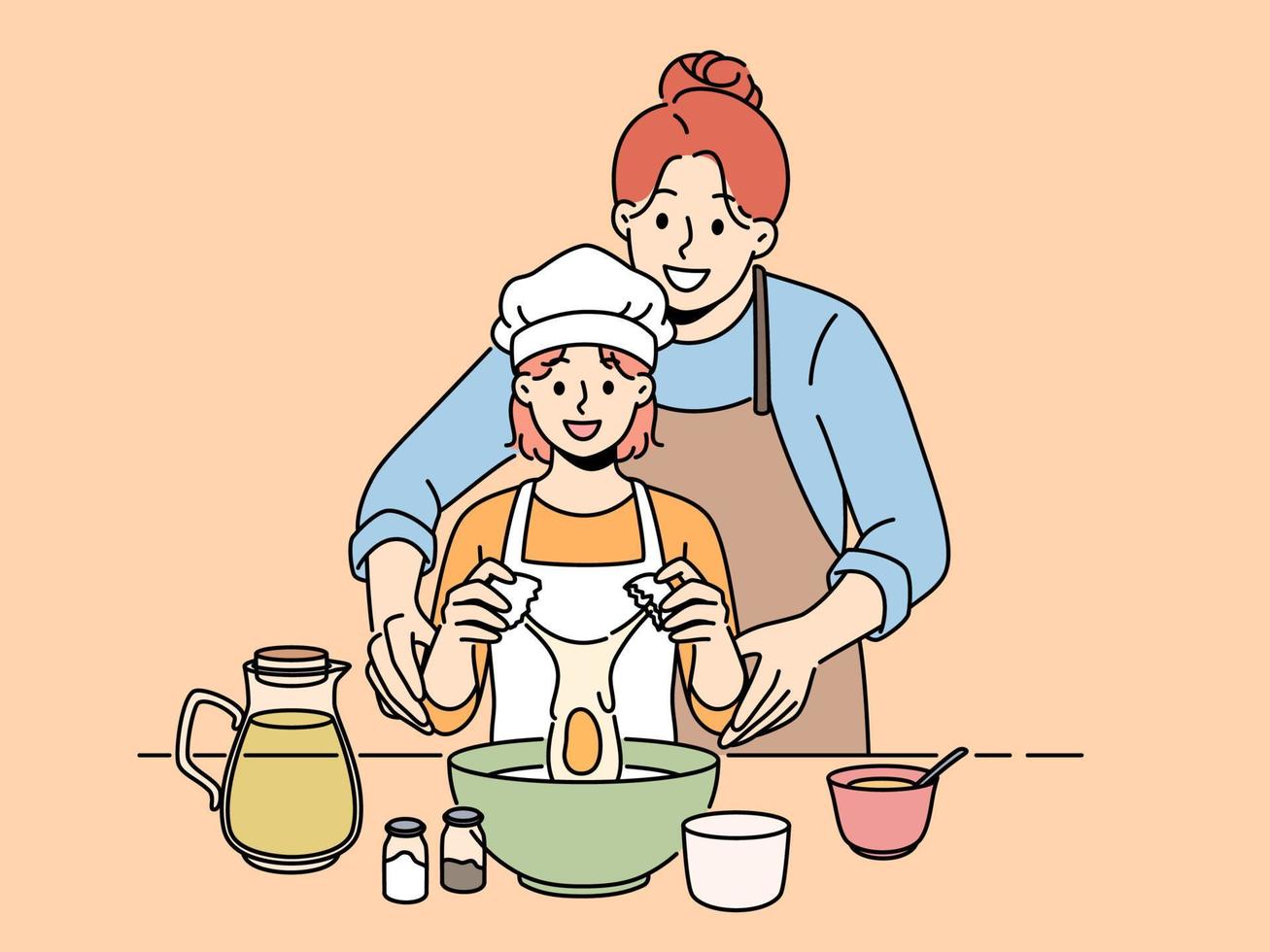 Smiling mother and little daughter cooking together at home. Happy mom learn baking with small girl child in kitchen. Family hobby. Vector illustration.