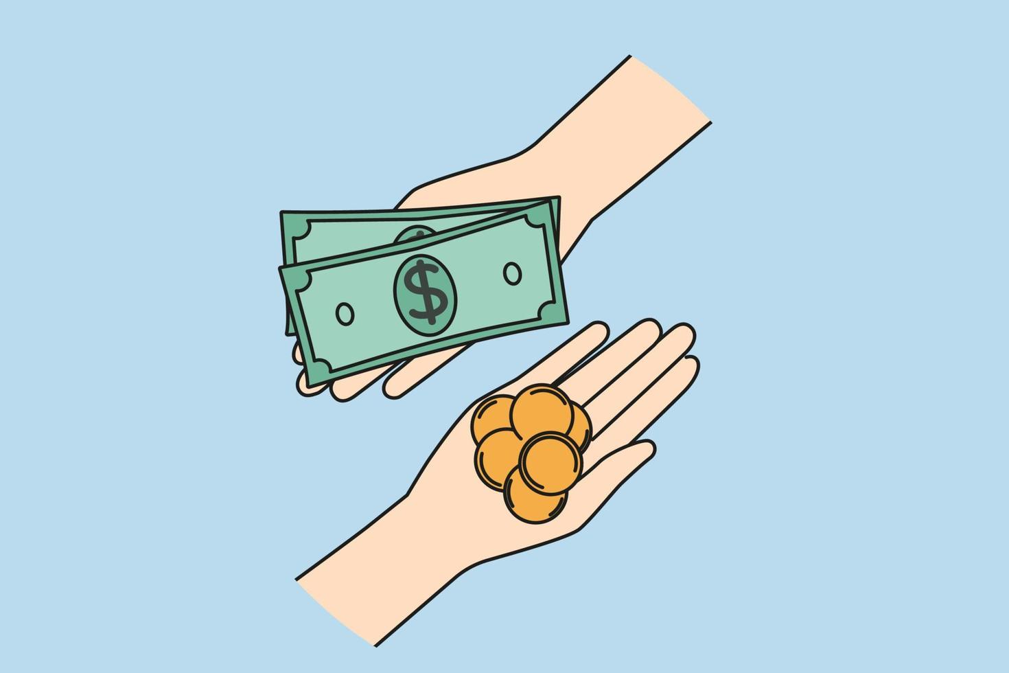 Hands with money engaged in finance exchange on market. People involved in currency exchange. Financial transaction concept. Vector illustration.