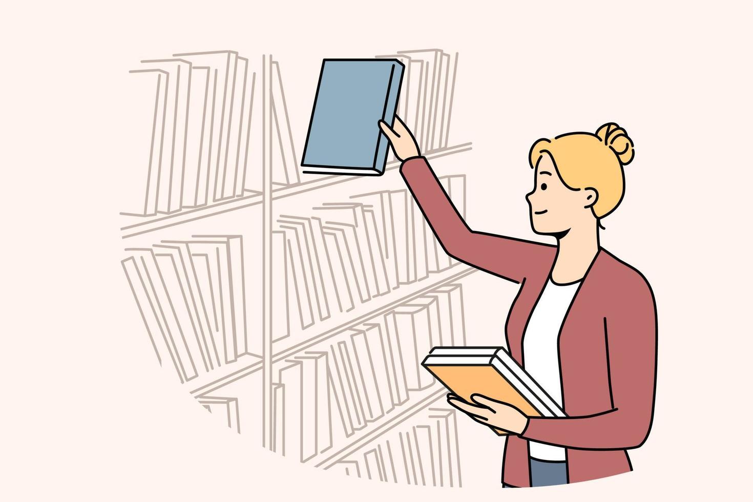 Smiling female librarian work in university or school library. Happy woman put book on shelf in bookstore. Literature and education. Vector illustration.