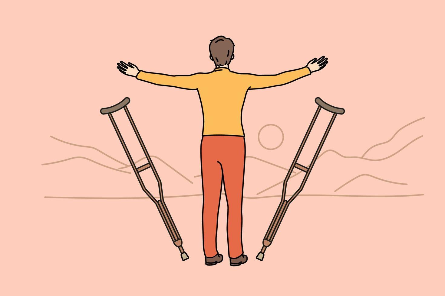 Disabled man let go of crutches face sunset enjoy recovery. Back view of recovered handicapped male enjoy dusk in nature. Hope and miracle concept. Vector illustration.