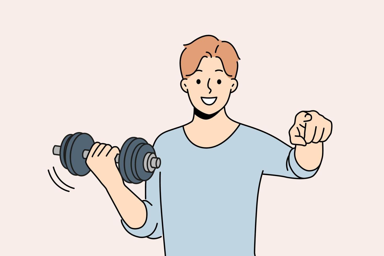 Smiling man with dumbbell in hands point at screen motivated viewer to workout. Happy sportsman exercise with equipment. Sport and training. Vector illustration.