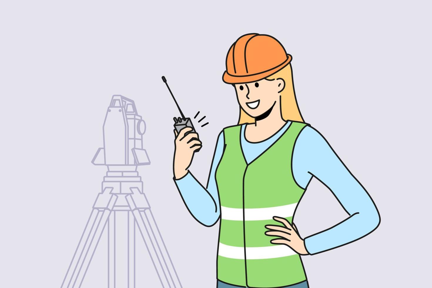 Smiling woman engineer in helmet and uniform working with geodetic equipment on construction site. Happy female surveyor engineer on building area. Vector illustration.