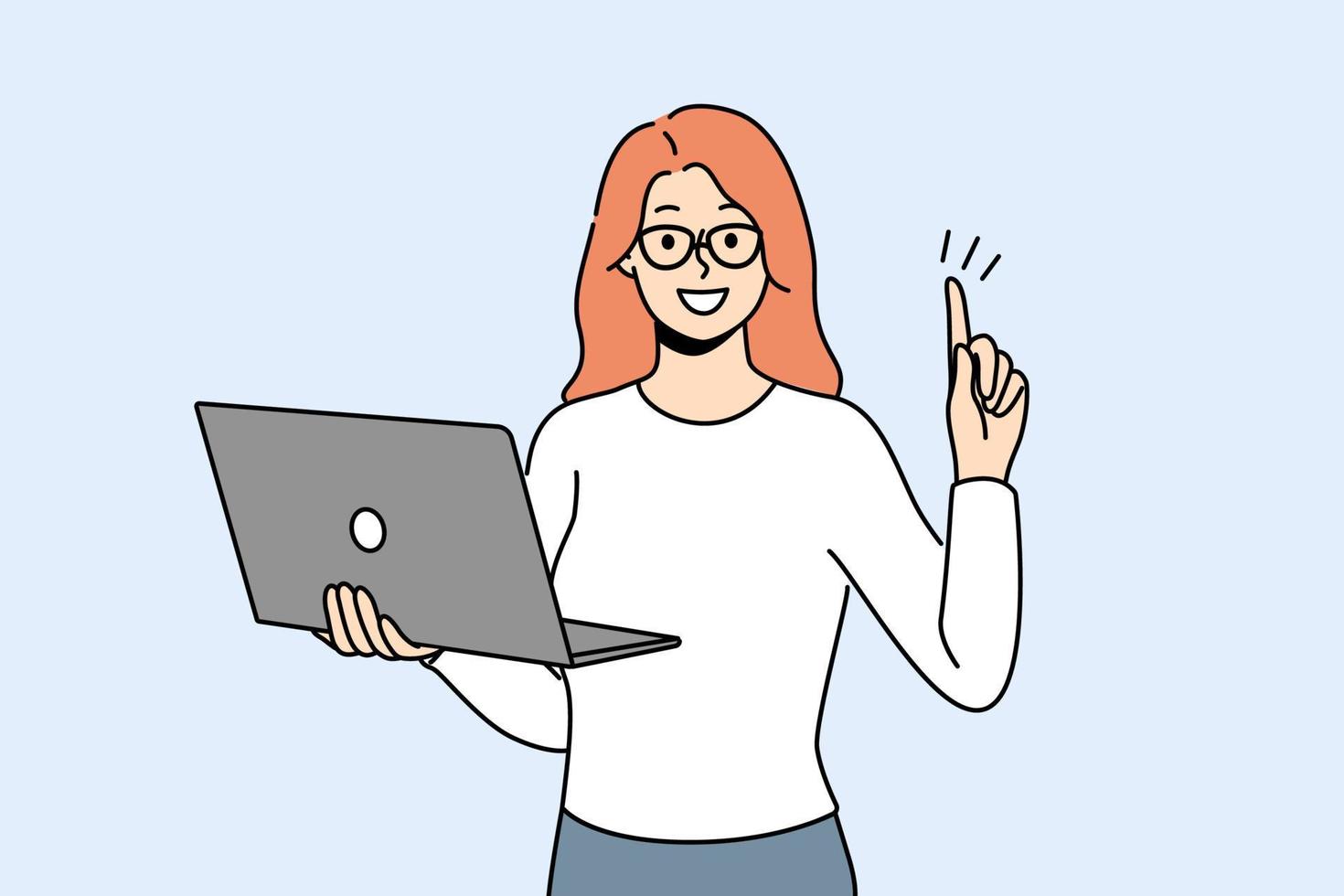 sonriente mujer de negocios con ordenador portátil en manos poner dedo en aire emocionado acerca de innovador idea. contento mujer empleado generar negocio pensamiento trabajo en computadora. vector ilustración.