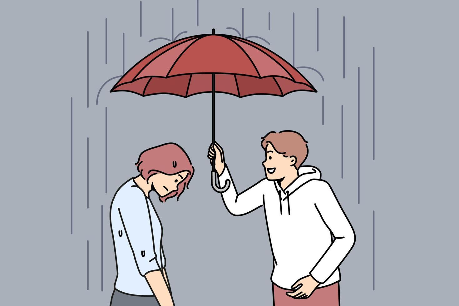 Caring man hold umbrella above unhappy distressed woman. Loving male cover from rain upset female show help and assistance. Vector illustration.