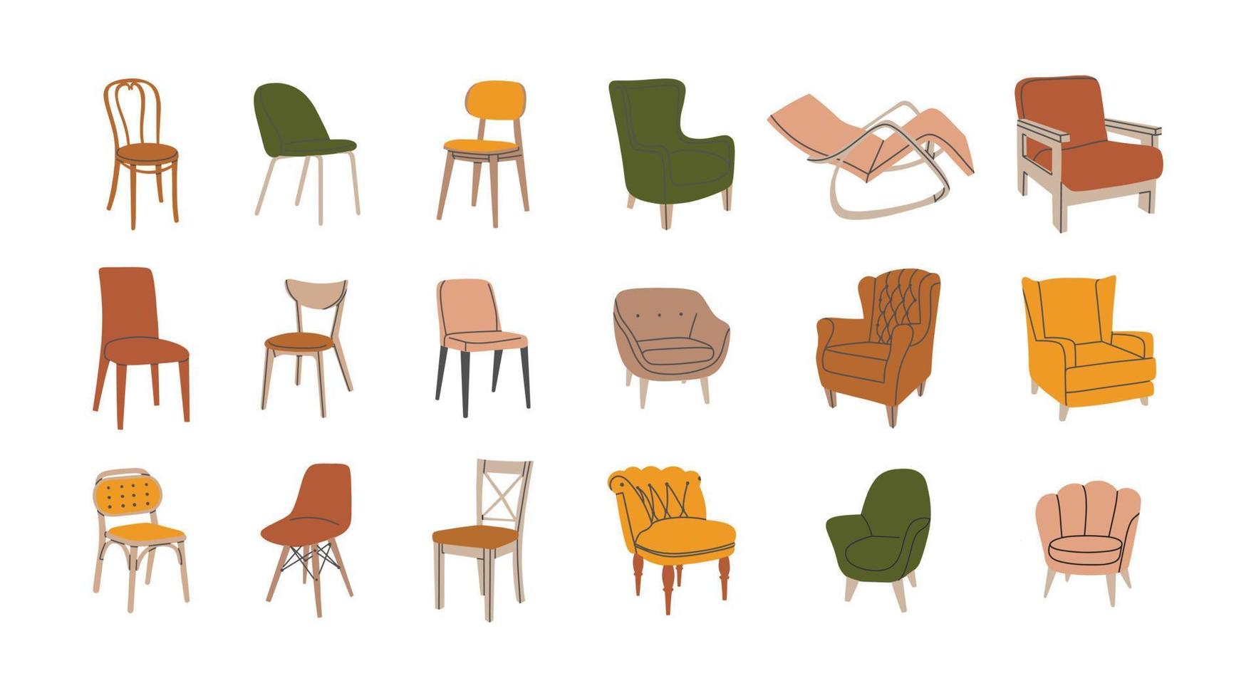 conjunto de varios de moda vistoso sillas y sillones mueble colección para interior diseño y decoración. mano dibujado vector ilustración aislado en blanco antecedentes