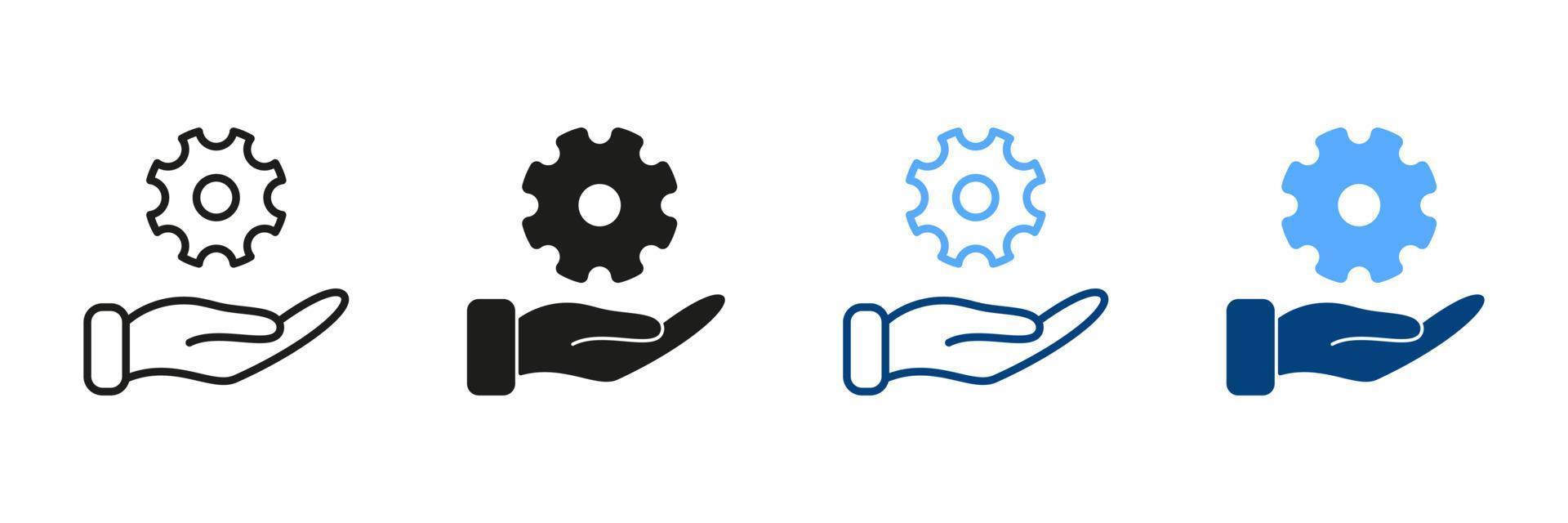 Technology Support, Cog Wheel Black and Color Pictogram. Hand Holds Gear Line and Silhouette Icon Set. Technical Maintenance Symbol Collection on White Background. Isolated Vector Illustration.