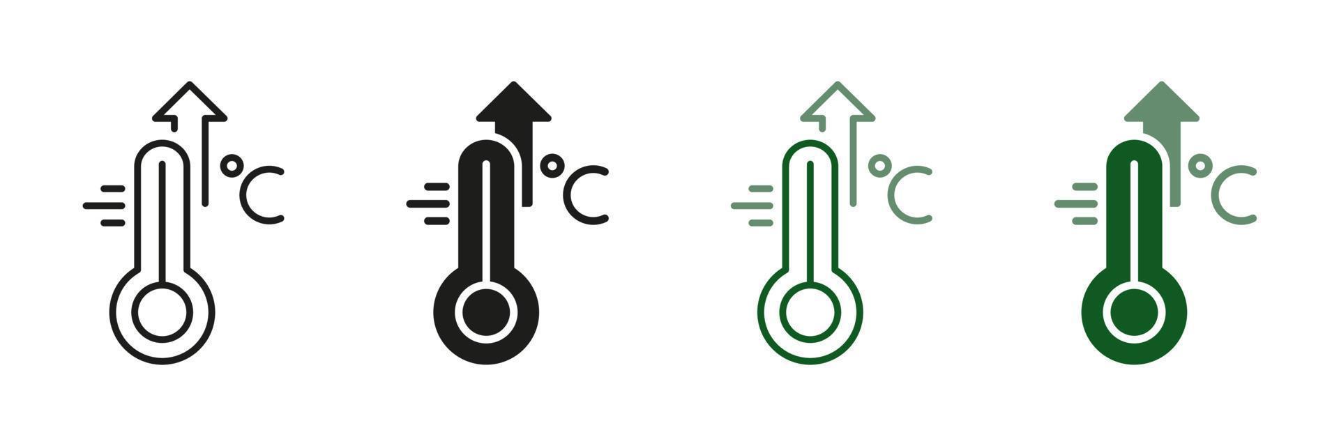 Increased Temperature of Human Body. High Temperature Scale Line and Silhouette Icon Set. Flu, Cold, Virus, Fever Symptoms Symbol Collection. Thermometer with Arrow Up Pictogram. Vector illustration.