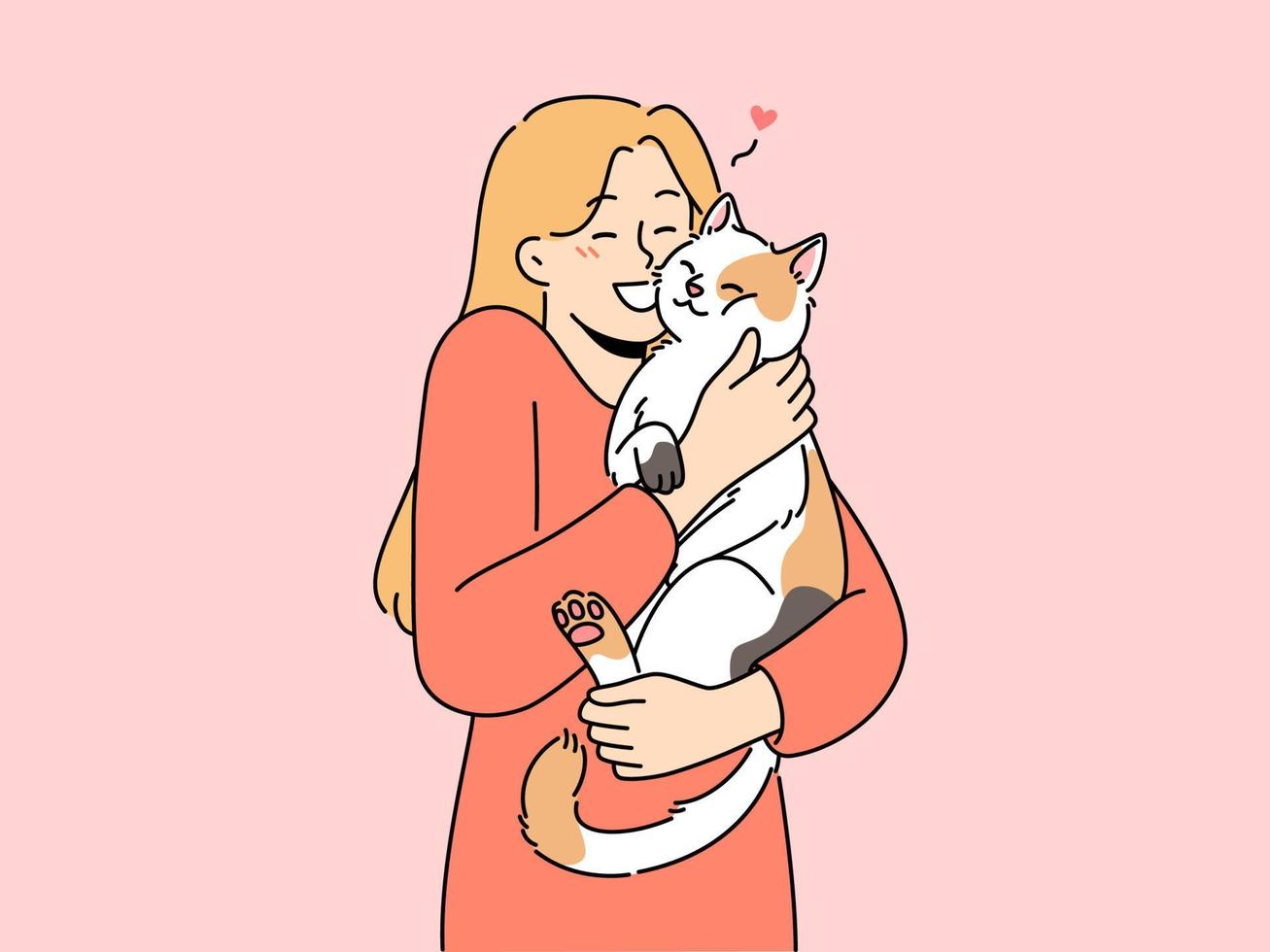 Happy woman hold cat in arms cuddling cute domestic animal. Smiling girl hug fluffy pet. Ownership and friendship. Vector illustration.