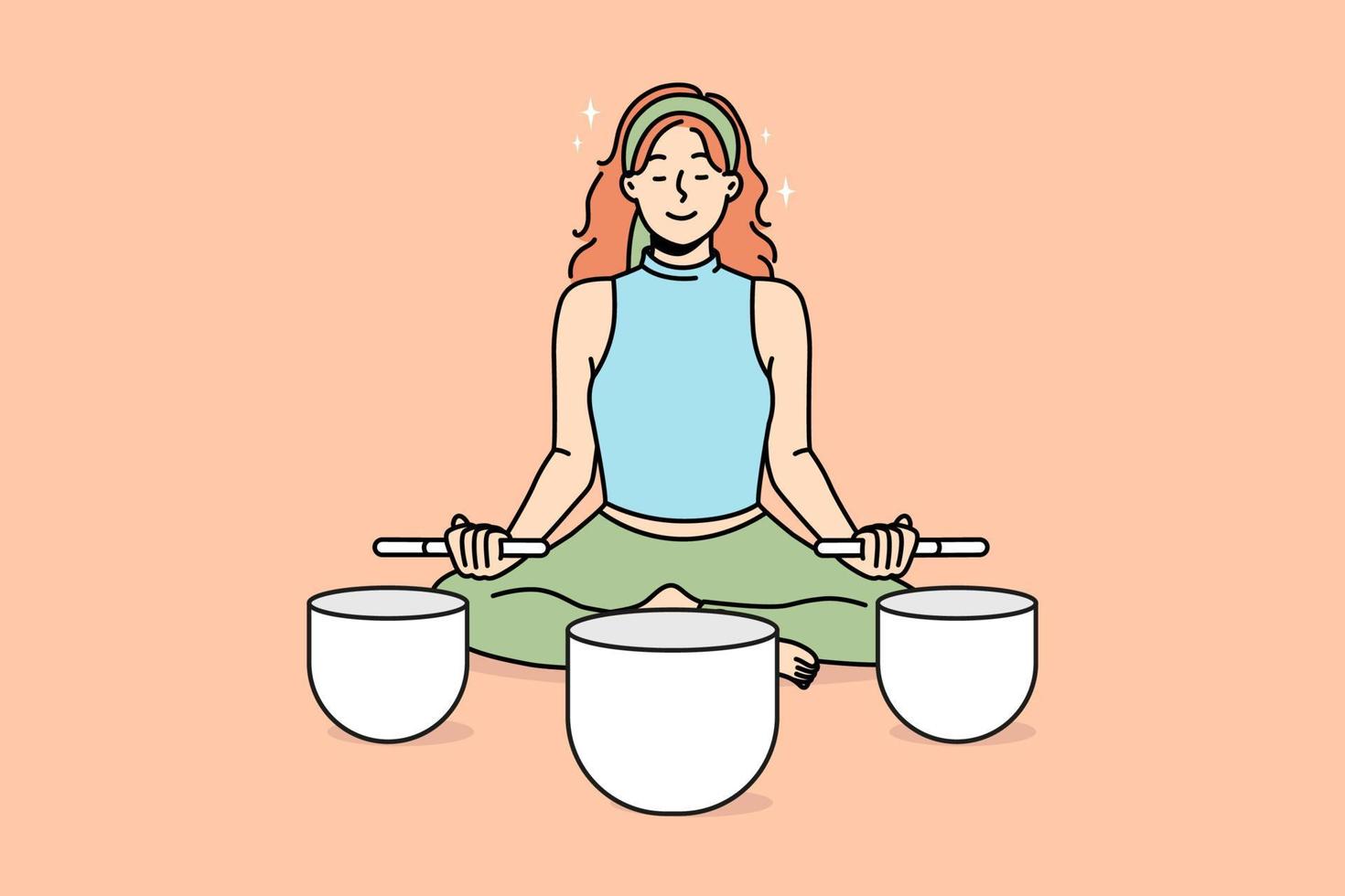 Calm woman sit in lotus pose meditate with singing bowls. Relaxed female engaged in meditation with Himalayan bowls. Stress relief concept. Vector illustration.