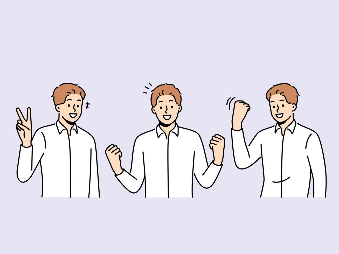 Smiling man make hand gestures celebrating success or victory. Happy lucky guy use body language to show emotions and feelings. Winner and reward. Vector illustration.