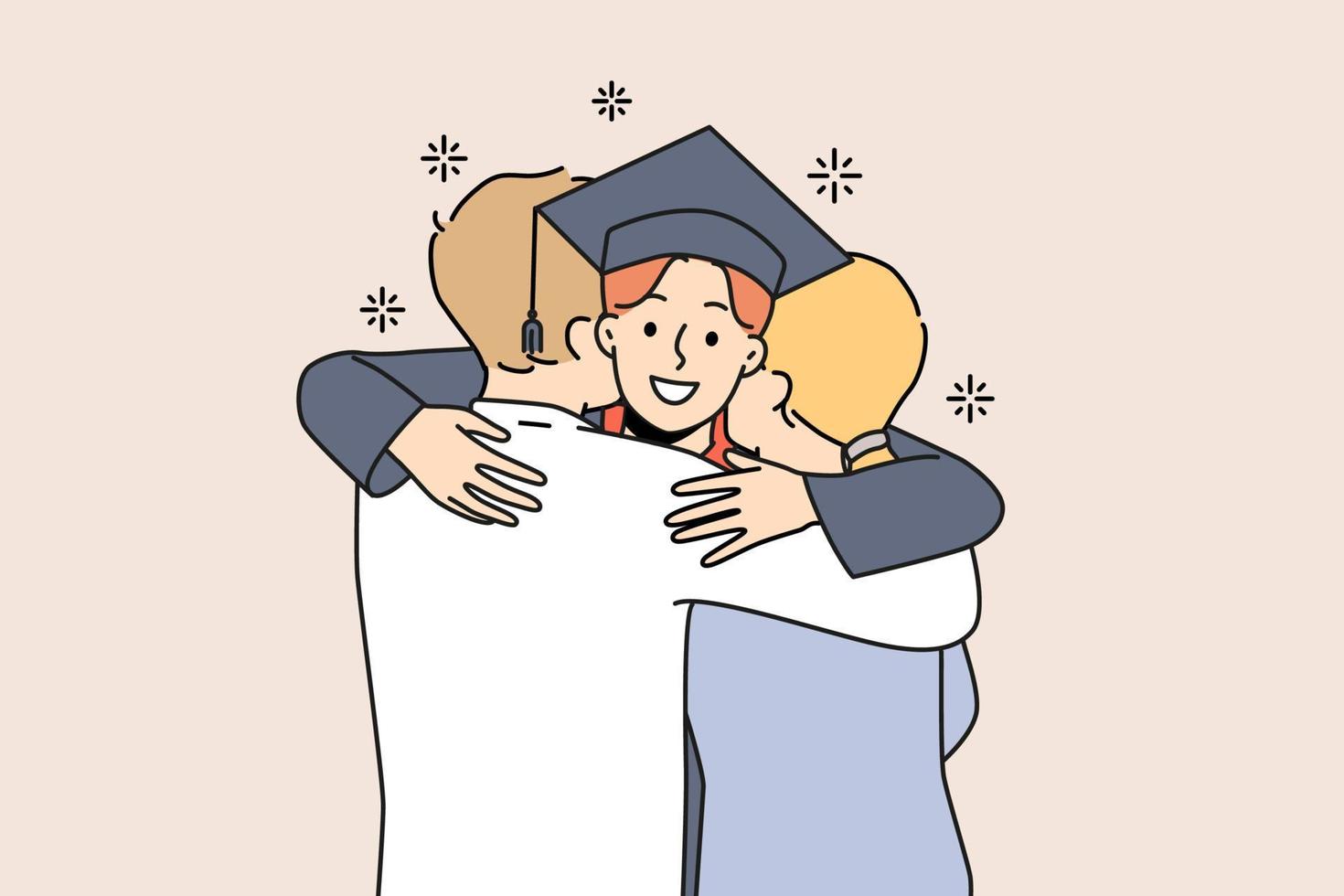 Smiling student in graduation robe and hat hug excited parents greeting at university. Happy mother and father embrace congratulate male graduate. Vector illustration.