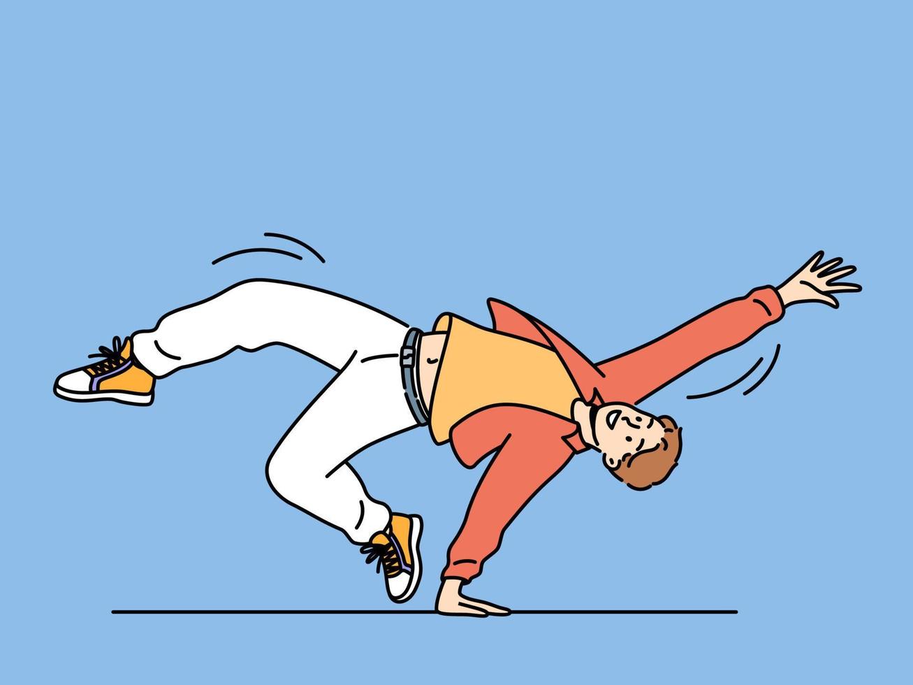 Smiling man breakdancing on floor. Happy talented guy have fun engaged in hip hop dance. Hobby and entertainment. Vector illustration.