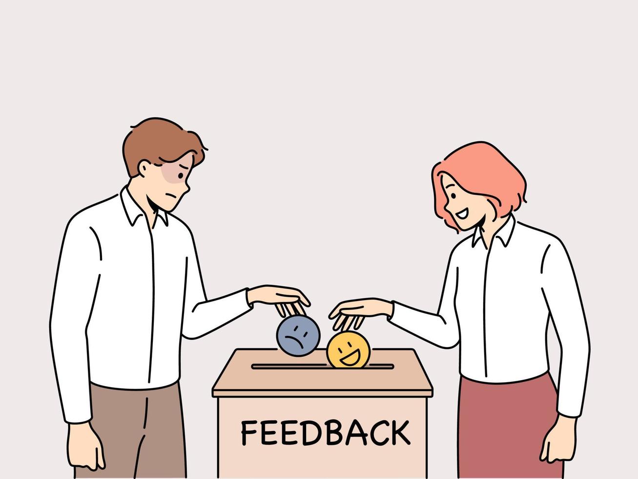 Man and woman throwing emojis into box give positive or negative feedback for service. People like or dislike company service. Vector illustration.