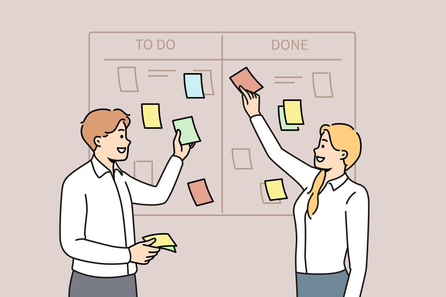 Smiling businesspeople brainstorm manage tasks on scum board in office. Happy employee discuss business projects at workplace. Teamwork and time management. Vector illustration.