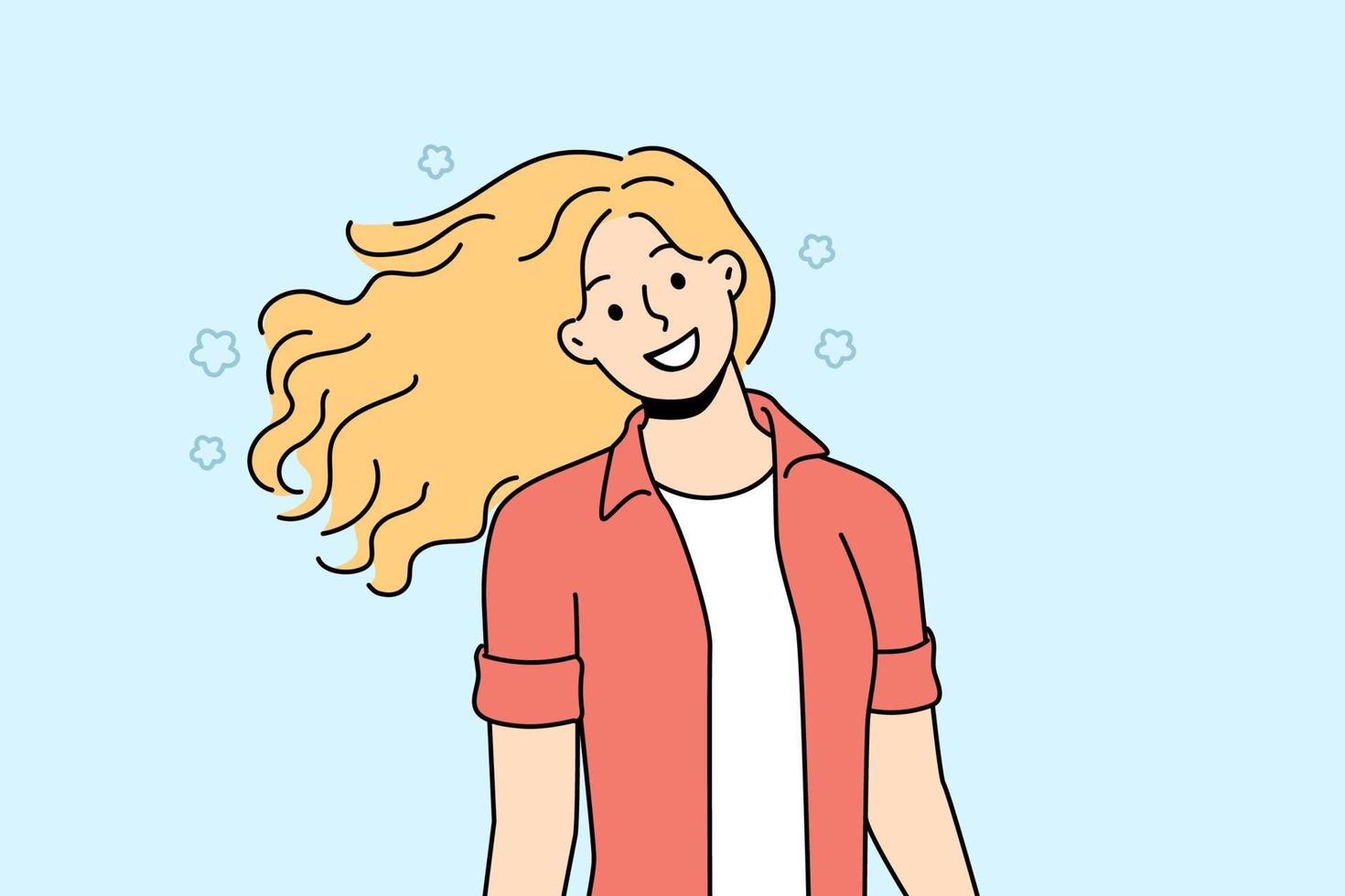 sonriente mujer con Rizado pelo tener divertido caminando y disfrutando día. contento niña sensación lleno de alegría relajante en calle en verano. vector ilustración.