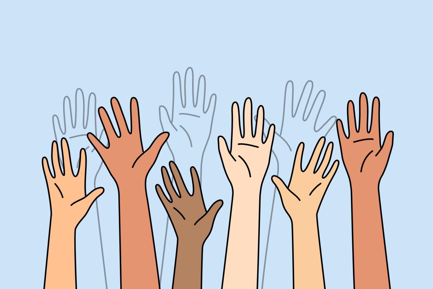Closeup of multiracial hands raise up in air. Diverse interracial people palms rise up volunteer or vote. Vector illustration.