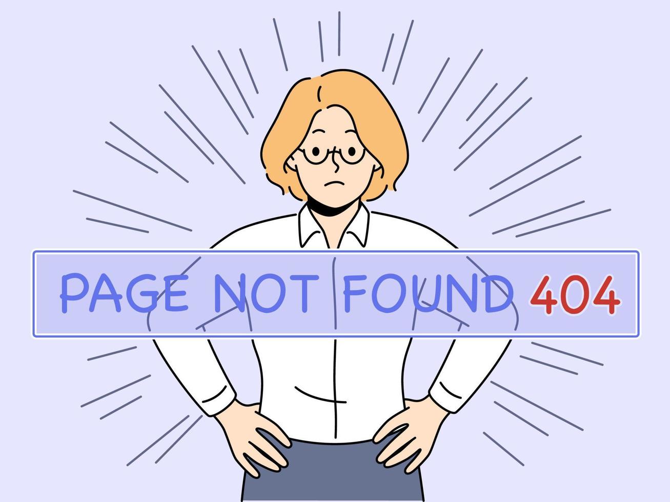 afligido mujer de negocios ver página no encontró problema. infeliz hembra empleado recibir 404 error notificación mientras laboral. vector ilustración.