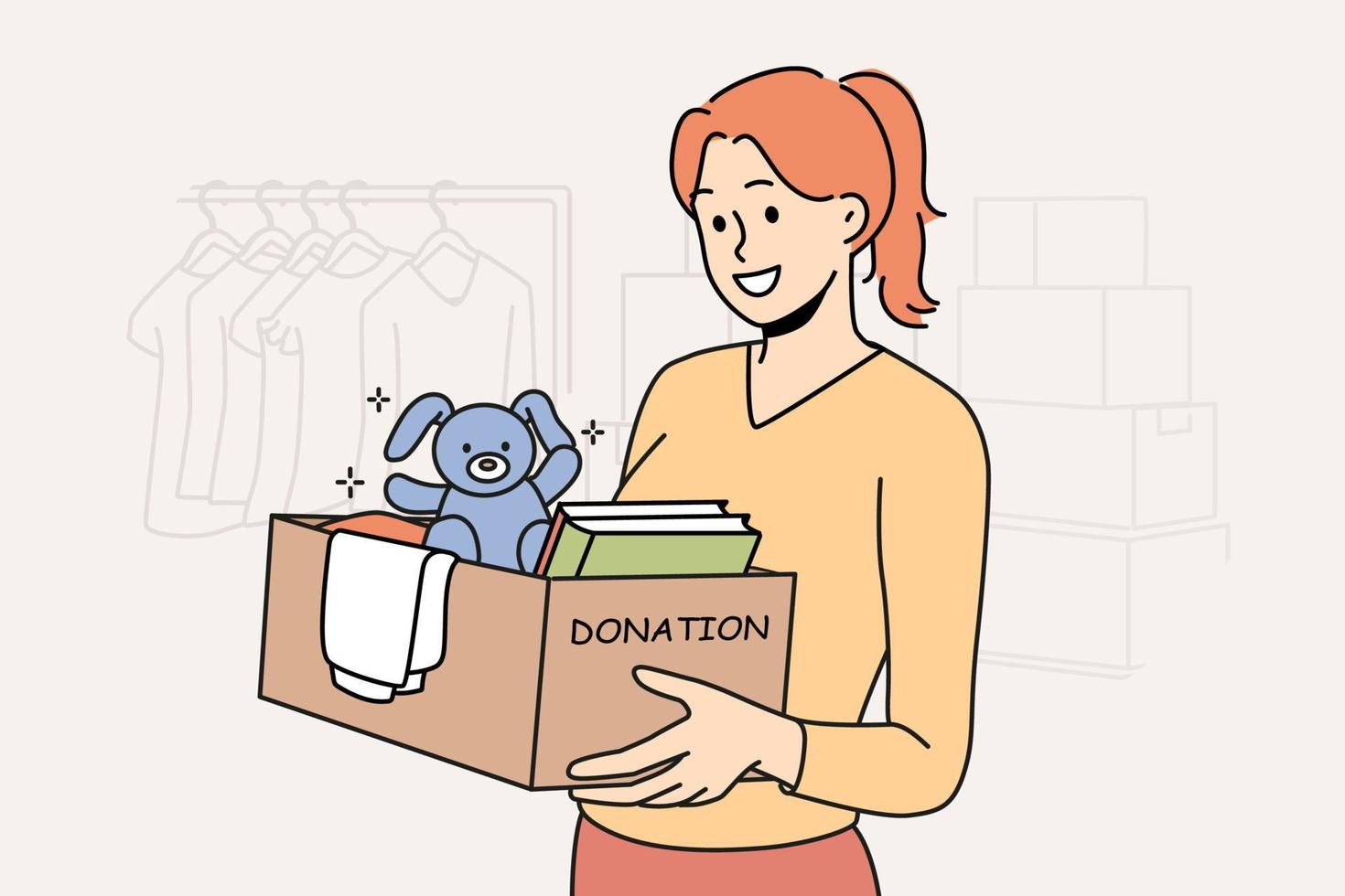 Smiling woman with box with personal belongings donate to charity shop. Girl make items and books donation to needy people. Vector illustration.