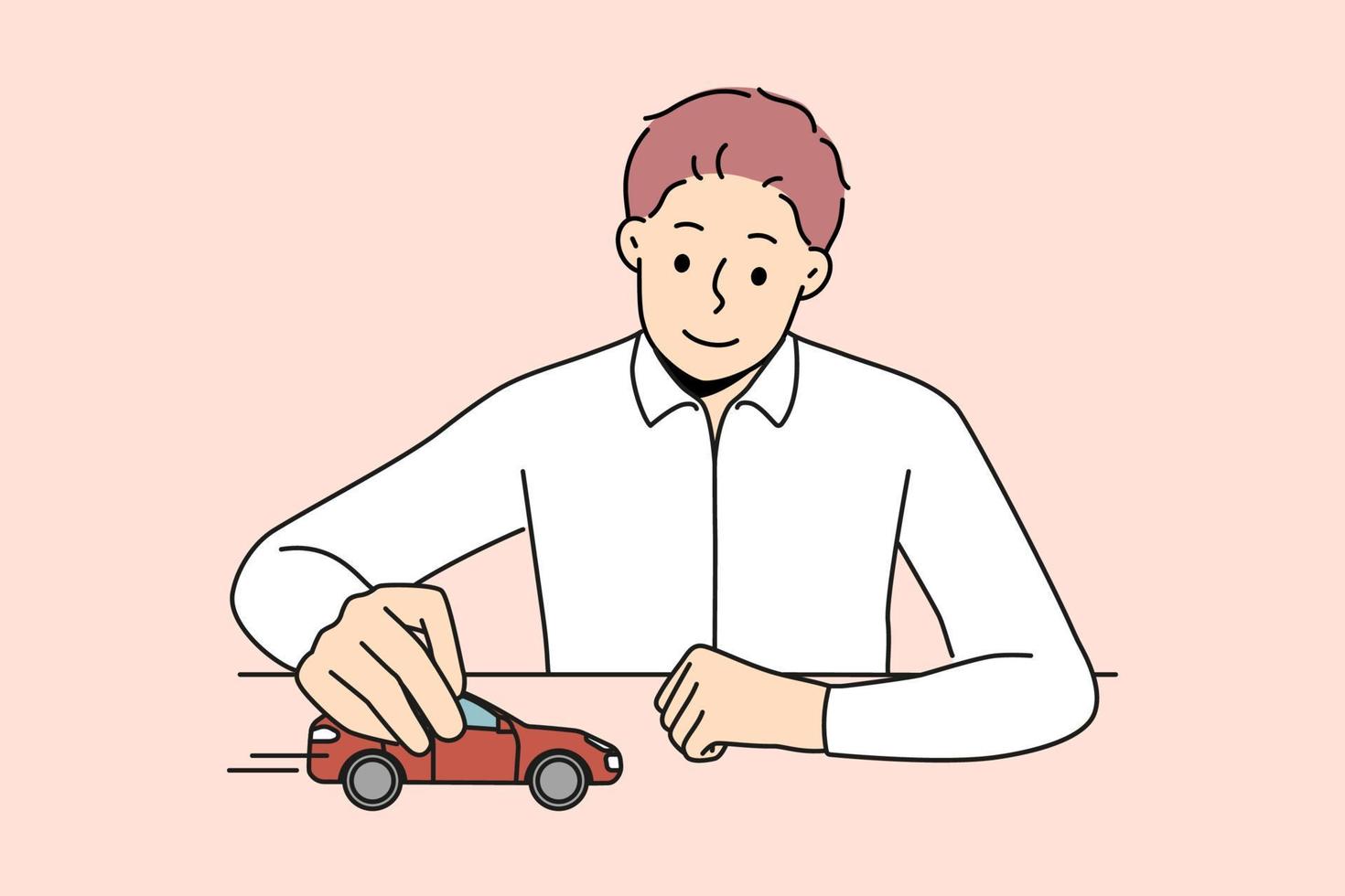 sonriente empresario sentar a escritorio jugar con rojo coche. confidente hombre jefe o CEO jugando con automóvil pensar de siguiente negocio mover. vector ilustración.